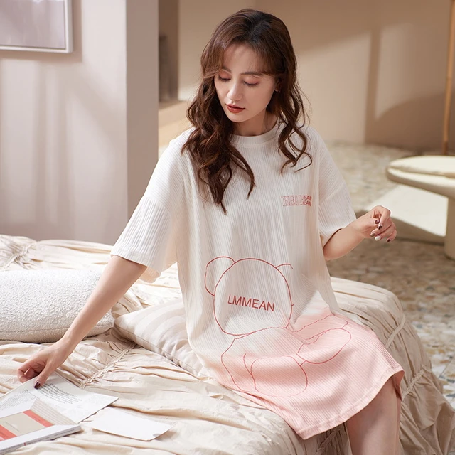 Women Nightgowns Cotton Night Dress Korean O-neck Casual Home Dress Night  Shirt Cartoon Cute Sleepwear Nightwear Nuisette Femme - Nightgowns &  Sleepshirts - AliExpress