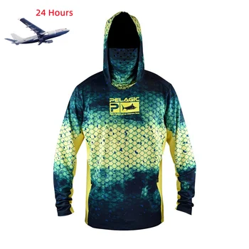 PELAGIC 남성용 낚시 후드 셔츠, 긴 소매 낚시 셔츠, UV 차단 후드 페이스 마스크, 낚시 의류