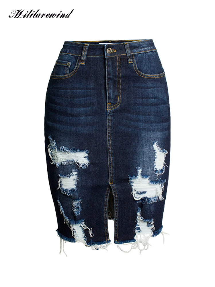 

Spring Summer Denim Skirt Women High Waist Slim Fit Skinny Pencil Skirt Fashion Slit Hole Ripped Skirts For Women Dark Blue