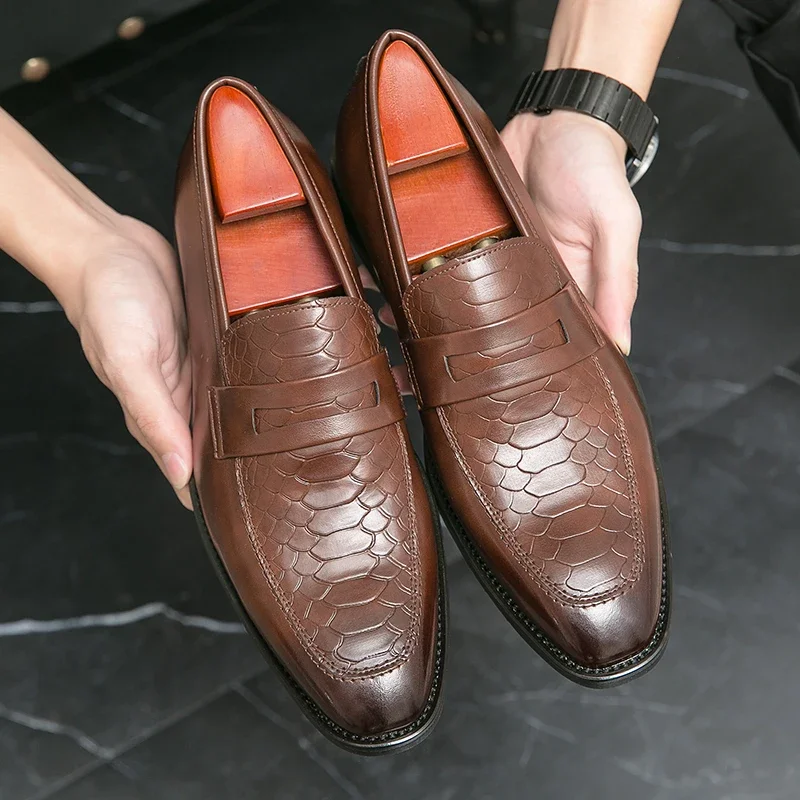 New Men Dress Shoes Brown Loafers Square Toe Slip-On  PU Business Men Shoes  Sapato Masculino