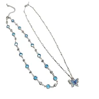 Romantic Blue Crystal Butterfly Necklace for Women Girls Simple Shiny Zircon Bilayer Choker Clavicle Chain New Fine Jewelry Gift 5