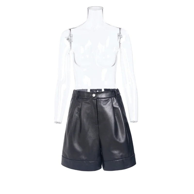 Genuine Leather Pants Women Casual Black High-waisted Loose Buttocks Wide Leg Pants A-line Hot Pants Leather Shorts