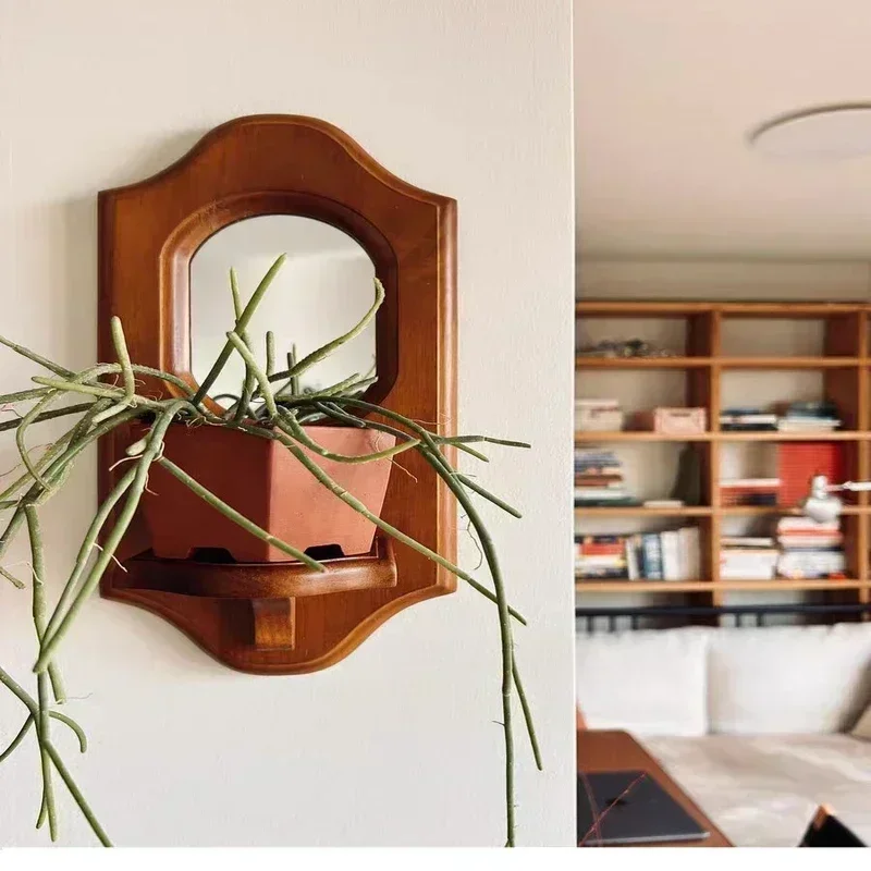 Vintage Solid Wood Wall Mirror with Shelf & Candle Holder 3