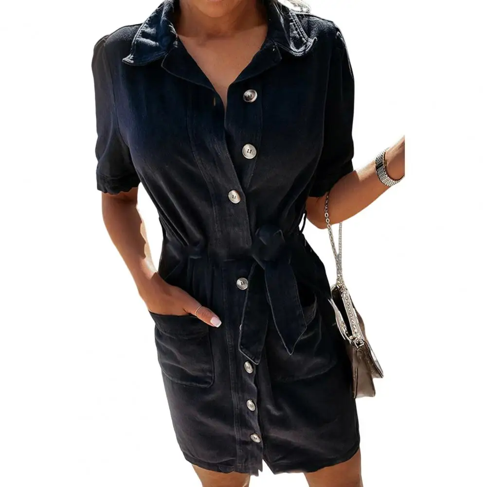 

Women Mini Dress Elegant Belted Mini Dress for Women Turn-down Collar Slim Fit Formal Wear with Short Sleeves for Work