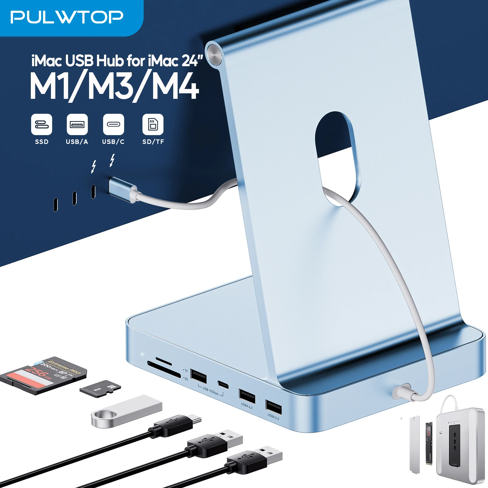 PULWTOP USB C HUB for iMac 24 inch with USB C/A 10Gbps SD/TF Support Expand M.2 SSD (NOT Included)