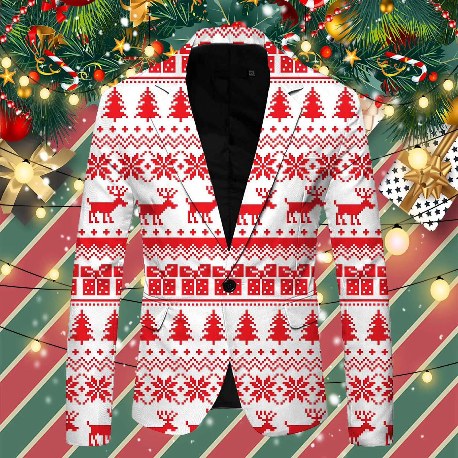 Men's Christmas Suit Blazer Funny Christmas Deer Snowflake Print Male Coat British Style Long Sleeve Suit Jacket Business