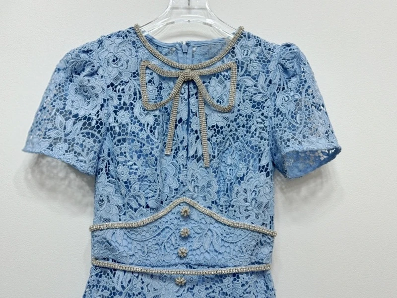 2024 Summer New Added Blue Color Palace Style Floral Women Lace Midi Dress  Short Sleeve Round Neck Diamond Bow Lady Party Dress - AliExpress 200000345