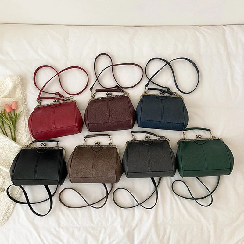 Fashion Women Clip Bags PU Leather Tote Handbag Female Kiss Lock Bag Luxury Vintage Crossbody Purse Bags Messenger Bag for Women