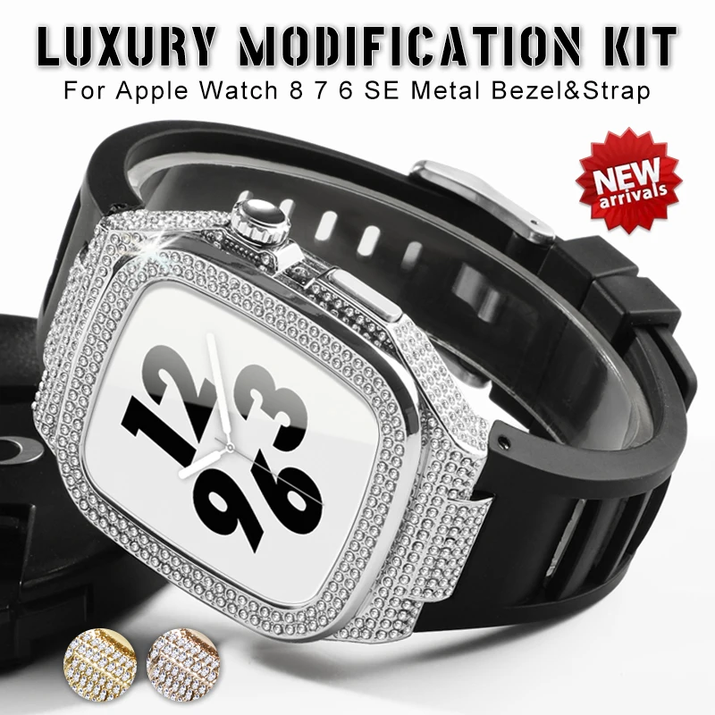 Bling Diamond Metal Frame Mod Kit Case Band For Apple Watch 8 7 6 5 4 iWatch 44mm 45mm Glitter Steel Bezel Watchband Accessories