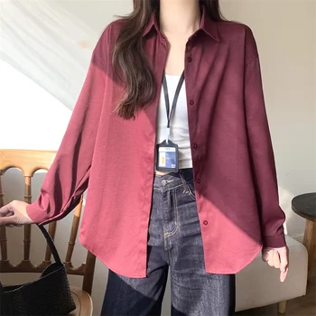 AOSSVIAO النساء قمصان أنيقة 2025 الخريف جديد طويل الأكمام فضفاضة قميص للسيدات بولو مكتب ارتداء زر بلوزة حريمي الصلبة القمم