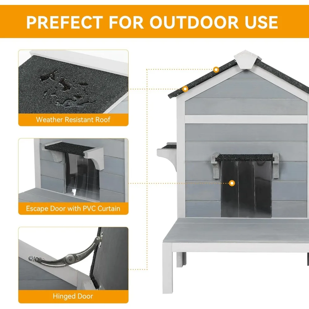 Outdoor Cat House, Feral Kitty Shelter Outside Waterproof with Large Balcony, Escape Door