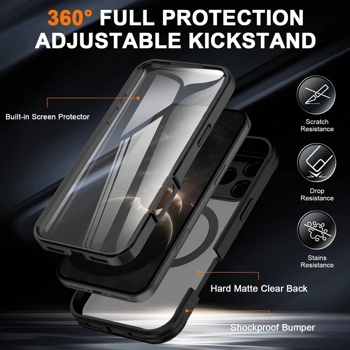 For iPhone 17 Pro Max Air Full Body Shockproof Case with Invisible Stand [Compatible with Magnetic] Built-in Screen Protector — view 3