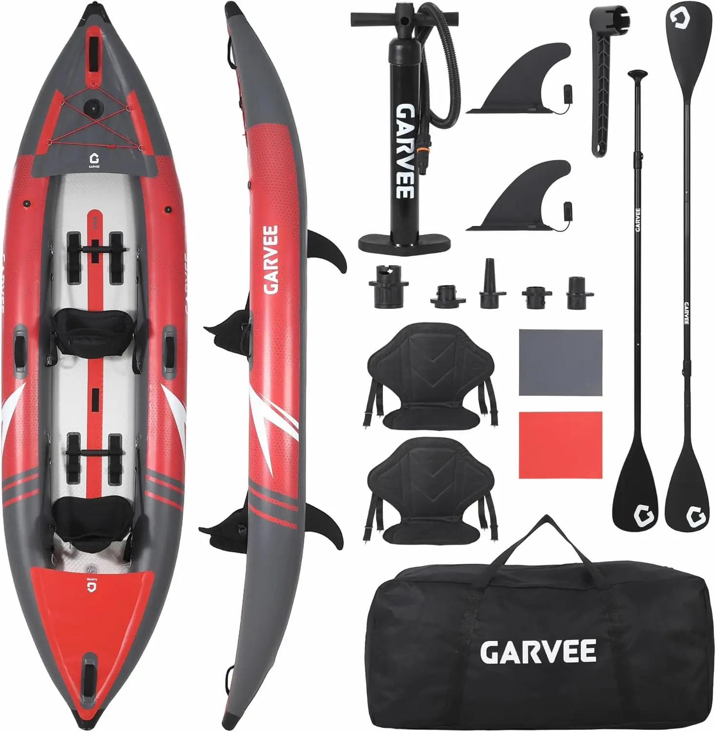 Kayak Gonfiabile da 3,8 m per 2 Persone, Set Kayak Portatile per Pesca e Touring con Sedili Imbottiti, 3 Pinne, Pompa, Borsa per il Trasporto, Riparazione