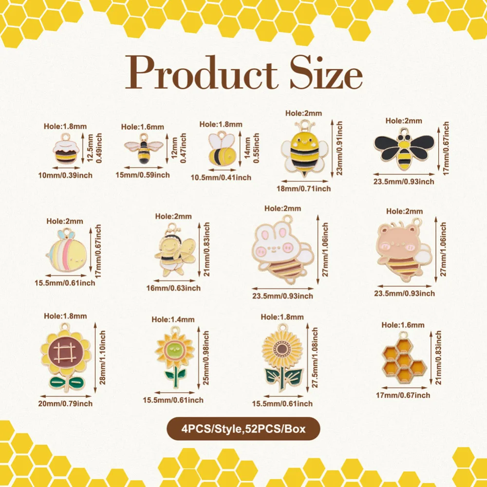 52Pcs Spring Enamel Charms Sunflower Cute Bee Honeycomb Enamel Pendants for Necklace Bracelet Dangle Charms DIY Jewelry Findings