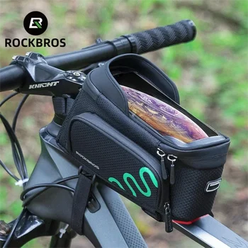 ROCKBROS Borsa da bici Borsa da telaio anteriore per bicicletta Touch screen in TPU Supporto per telefono cellulare Borsa da ciclismo per tubo superiore con telaio anteriore MTB da strada