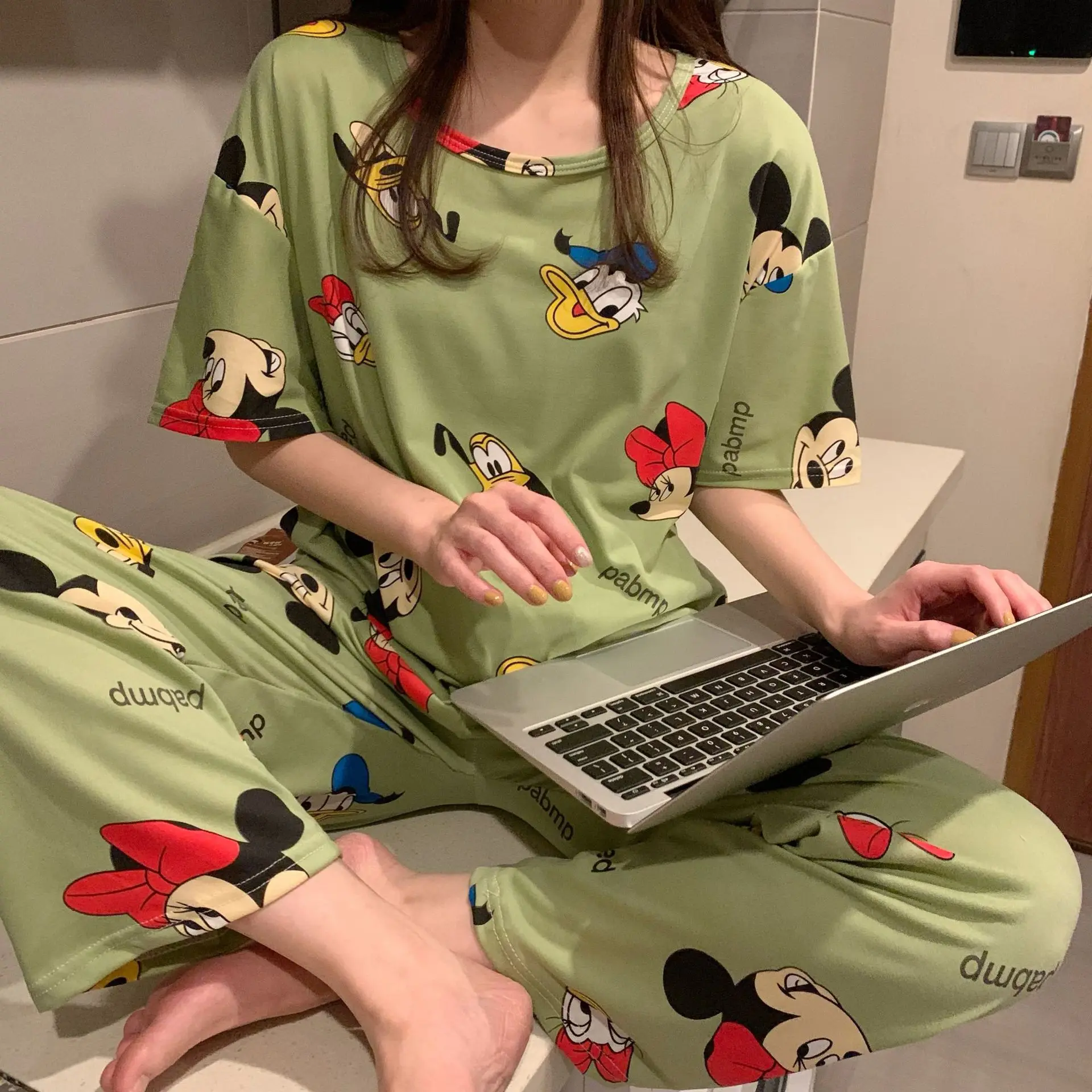 Cotton pajama set Summer home clothes set Disney cartoon Mickey and Minnie print pajamas women's summer short-sleeved trousers two-piece suit casual home wear