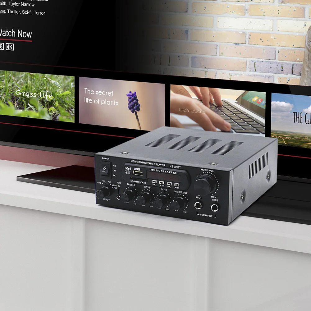 차량용 홈 스피커용 Bluetooth-Compatible5.0 파워 앰프, USB 메모리 카드, Aux 2 마이크 입력, LED 디지털, 2CH 앰프, 2x60W