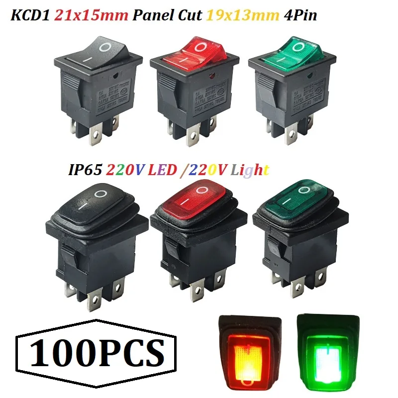 

100PCS KCD1 4Pin Rectangle Rocker Switch 21x15mm Panel Hole 19 x 13mm IP65 LED 220V Light Power ON OFF Seasaw Boat Switch