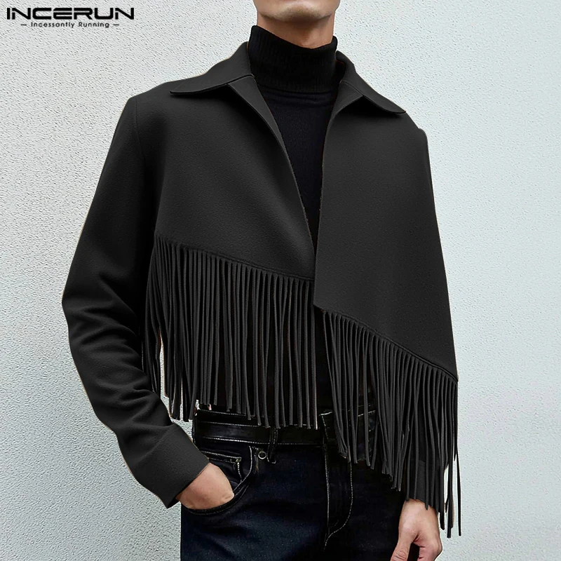 INCERUN Tops American Style Fashion Men's Diagonal Tassel Woolen Jackets Coat Casual Streetwear Male Solid Long Sleeved Jackets 3
