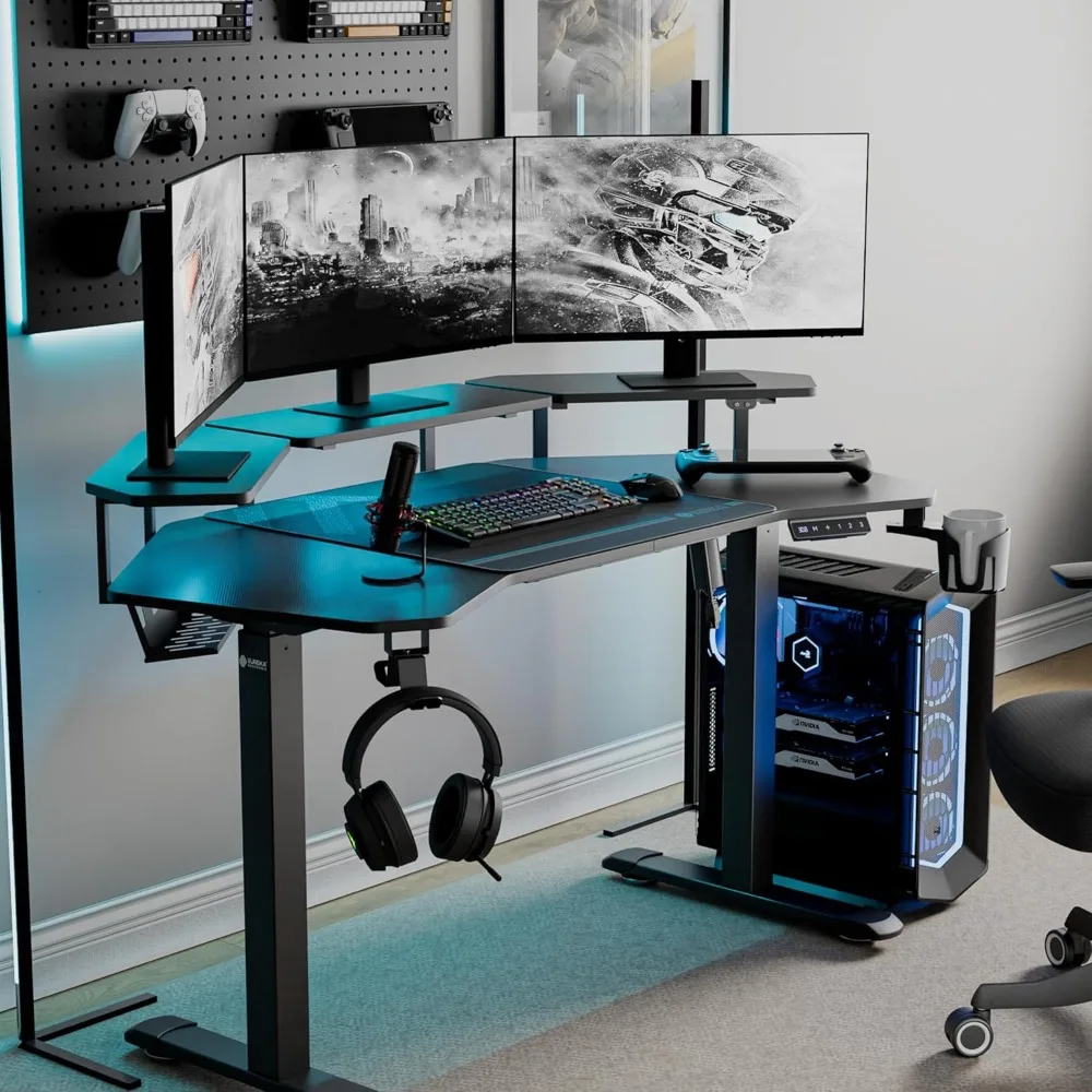 Electric Standing Gaming Desk with LED Shelf 1