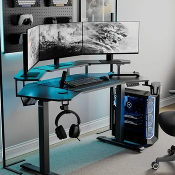 Electric Standing Gaming Desk with LED Shelf 1