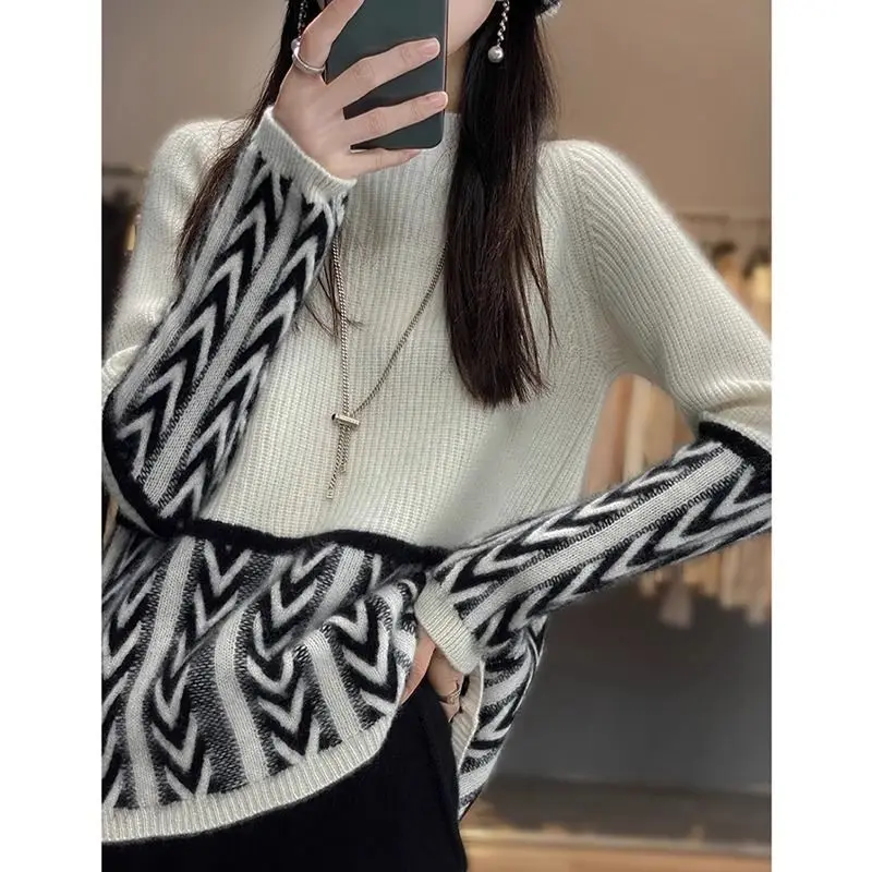 

Classic Color Blocking Interior Lapping Knitting Bottoming Shirt Women Korean Jacquard Weave Autumn Winter All-match Sweaters