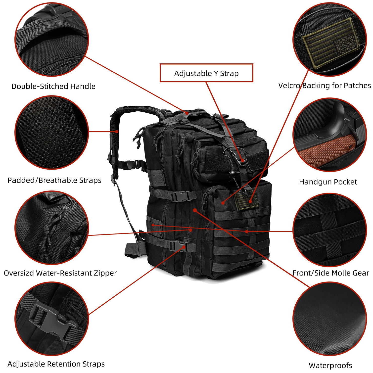 Waterproof Black Tactical Backpack for Outdoor Hiking