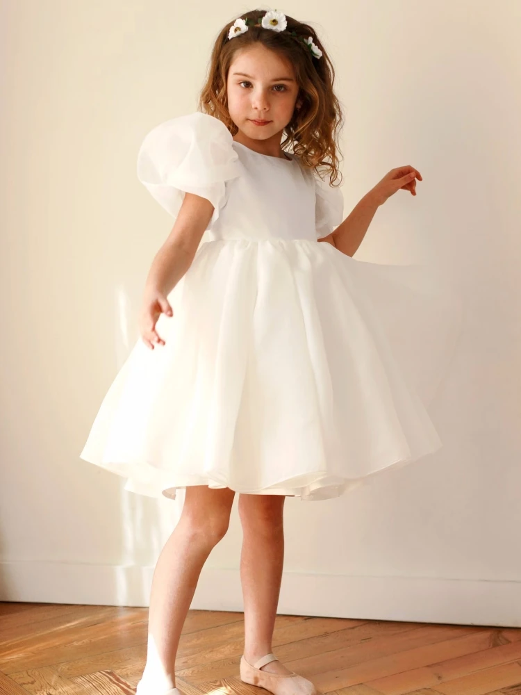 

White Flower Girl Dress Tulle Appliques With Bow Sleeveless For Wedding Birthday Party First Communion Gowns