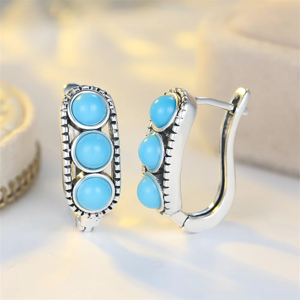 Simulated Turquoise Blue Round Stone Hoop Earrings For Women Vintage Gold Silver Color Ear Buckle Wedding Jewelry Valentine Gift