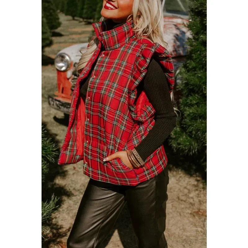Winter Women Plaid Vest Coat Elegant Vintage Y2K Sleeveless Stand Collar Warm Thick Cotton Padded Jacket Outwear