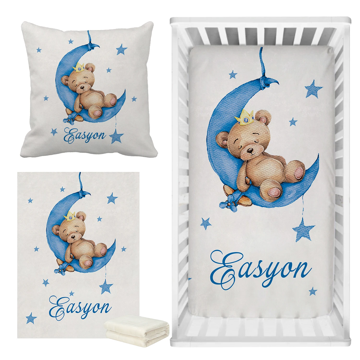 LVYZIHO Custom Name Sleeping Bear Blue Crib Bedding Set, Sleeping Bear Sleep on Moon Bedding Set, Baby Shower Gift Bedding Set