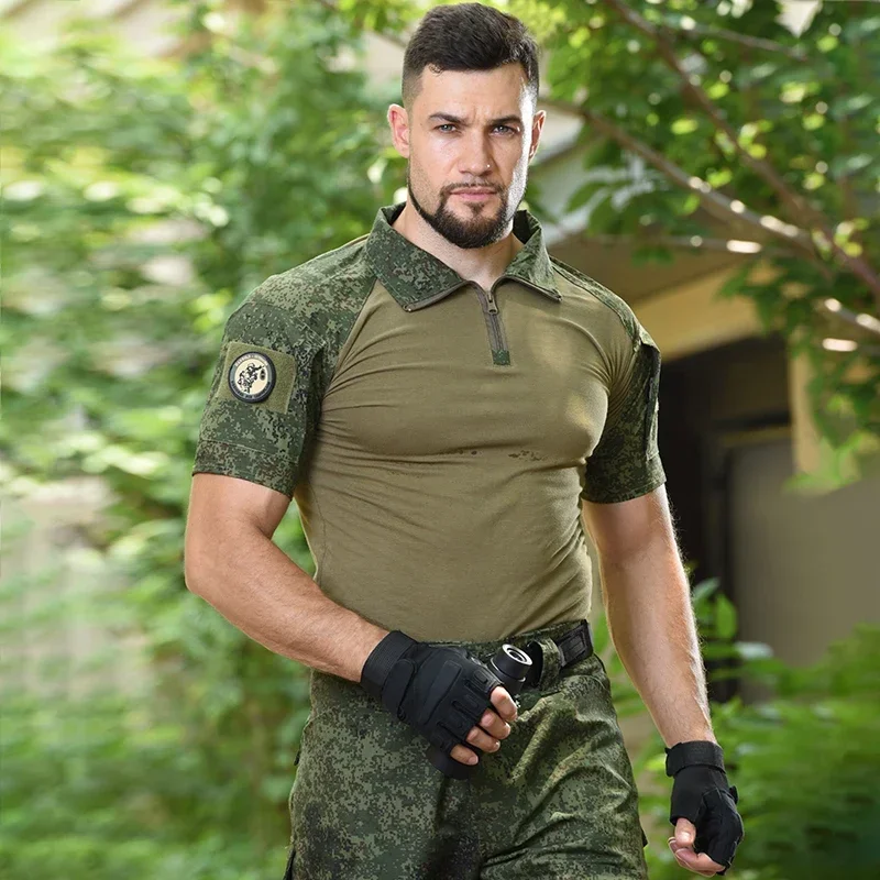 Men's Short Sleeve Softair Tactical Shirt Combat Shirt Zipper Cotton Hiking CP Camoufalge Airsoft T Shirts Climbing Tee sport t shirt