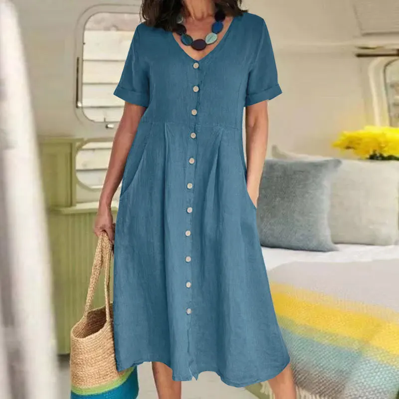 Vestido De Lino Y Algodón Para Mujer - Manga Corta, Corte Recto, Tallas Grandes, Casual Para Primavera Y Otoño