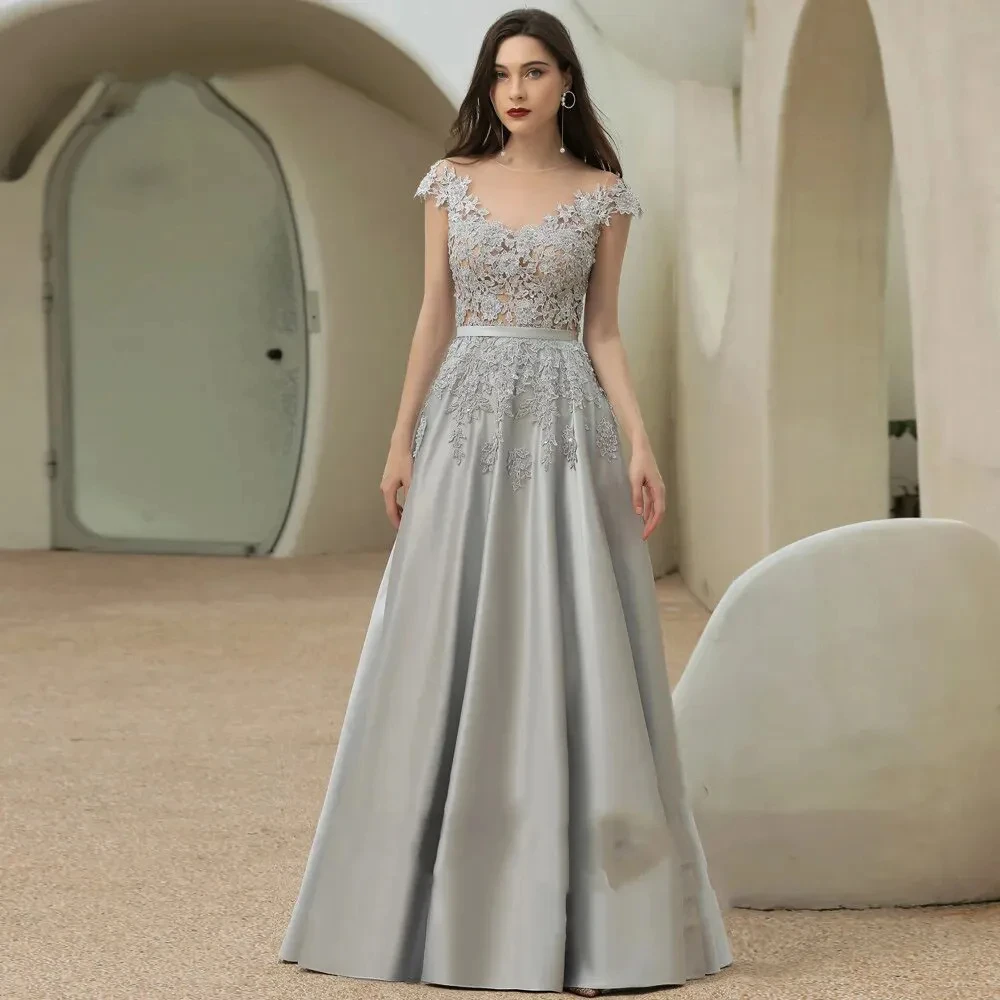 

Women Elegant A-Line Sheath Evening Dress Cap Sleeves Floor Length Illusion Applique Prom Dresses 2024 Luxury Gowns