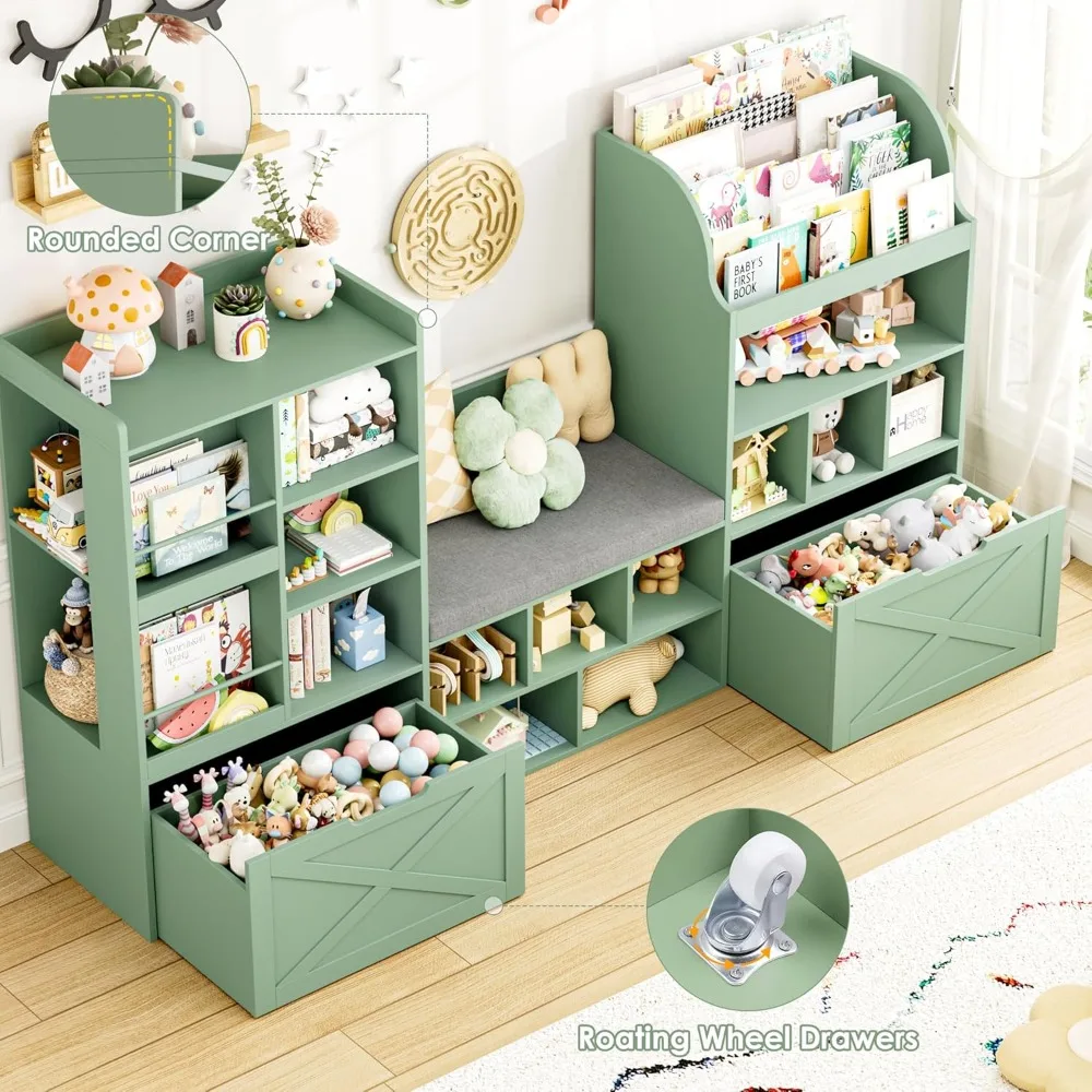 75" Kids Bookshelf with Reading Nook, Toy Storage Organizer with Seat Cushion and Movable Drawers for Playroom, Green
