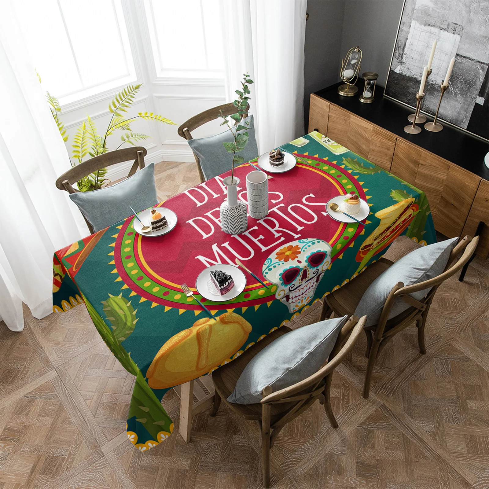 

Mexican Festival Food Skull Straw Hat Cactus Tablecloths for Dining Table Waterproof Table Cover for Kitchen Living Room