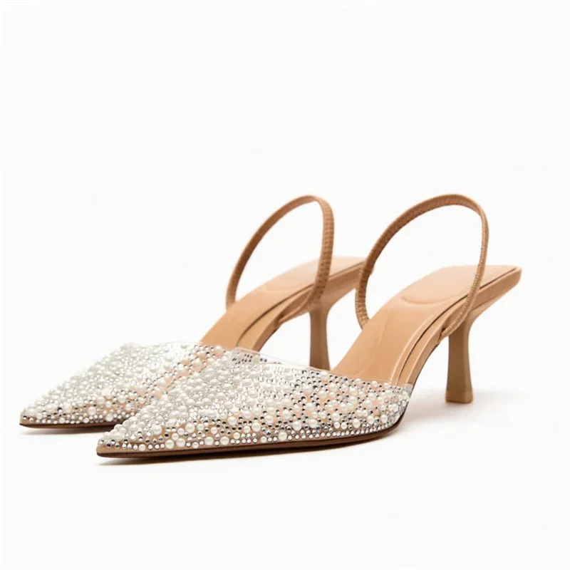 

Women's Pointed Head High Heeled Sandals Summer 2023 Sexy Woman Shoes Fashion Pearl Decoration Slingback Woman Pumps