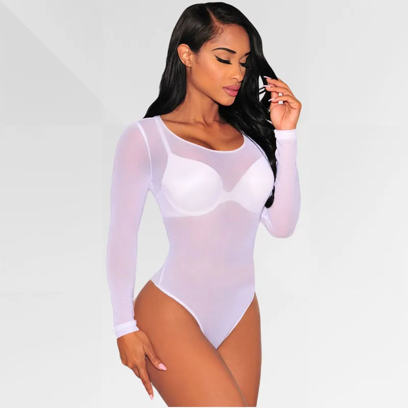 Mesh Bodysuit Women's Long Sleeve Body See-through Short Jumpsuit