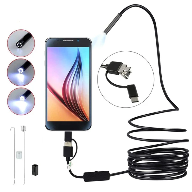 Endoscope Mini Caméra 3 En 1, 7mm Micro USB Type-C 6 LED Étanche,  Compatible Smartphone Tablette Android Et PC