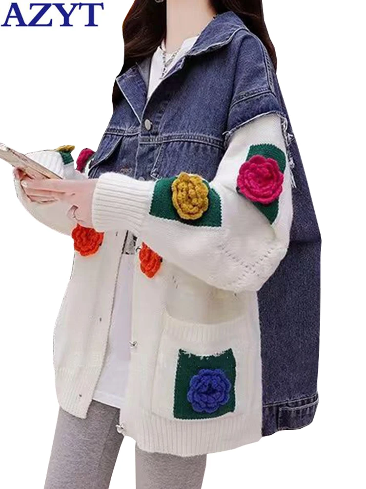 

Floral Sweater Coats Fashion Denim Patchwork Knit Cardigan Jackets Female Autumn Loose Sweater knitwear