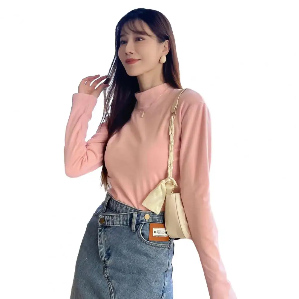 

Women Stand-up Collar Top Cozy Velvet Stand Collar Women's Winter Top with Slim Fit Soft Warm Heating Long Sleeve for Fall