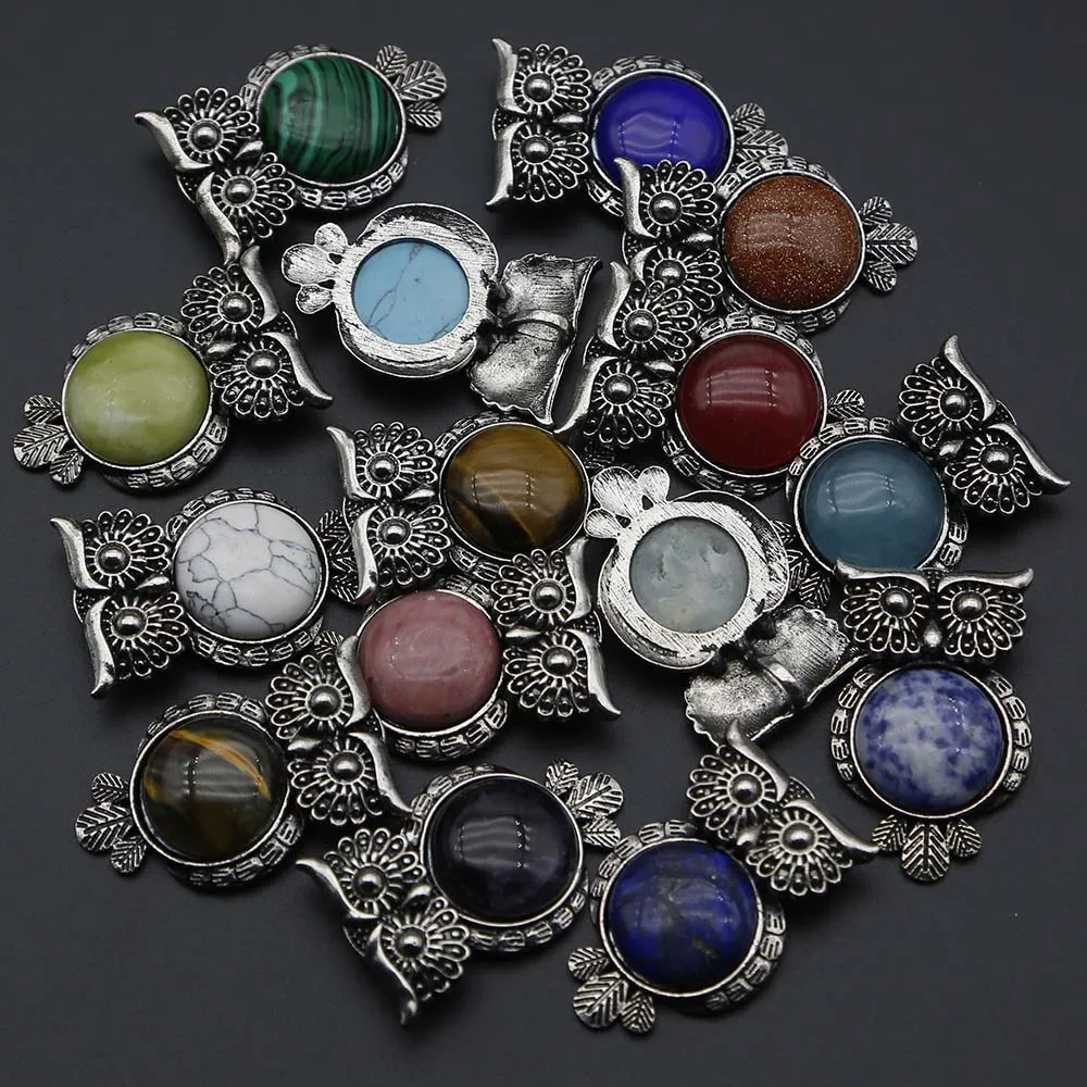 New Natural Semi Precious Stone Vintage Copper Plated Owl Cute Onyx Opal Pendant Charm Fashion DIY Jewelry Making Wholesale12Pcs