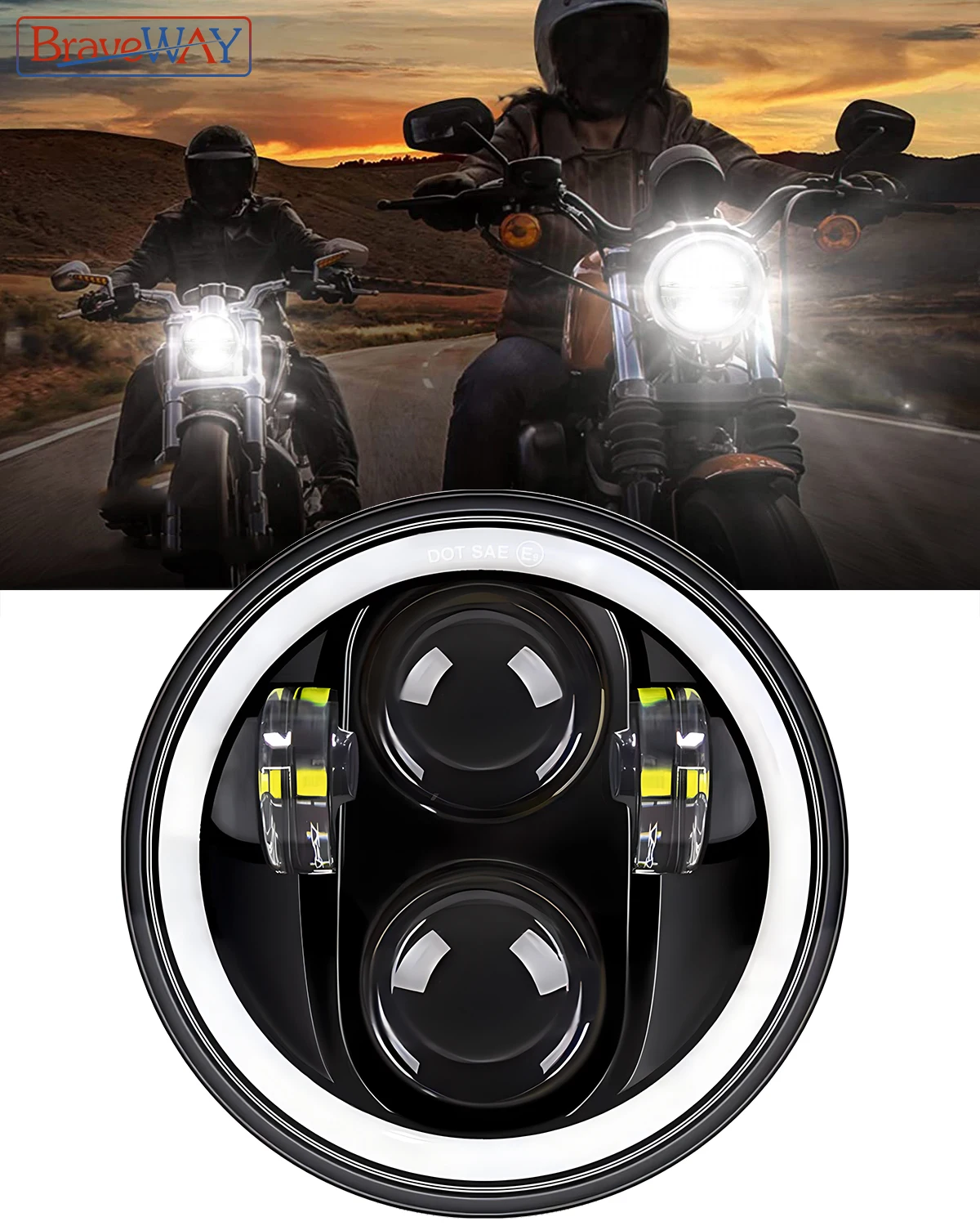 5.75 inch LED Headlight Projector Halo Ring Motorcycle 5 3/4" High Low Beam DRL Turn Signal