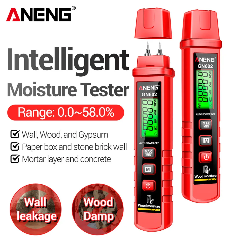 ANENG GN602 Intelligent Moisture Tester 0~58% Wood Moisture Detector Max/Mini Value Building Material Tools with Backlit Screen wood water moisture meter portable digital wood concrete moisture content tester tools timber hygrometer wood moisture meter