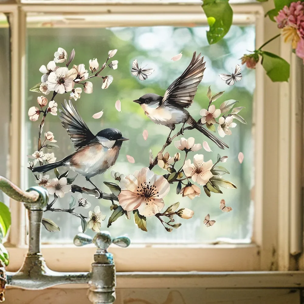 Window Stickers Watercolor Flower Twig Bird Glass Window Home Landscaping Decoration Electrostatic Uv Window Sticker Mirror Sticker 1PCS