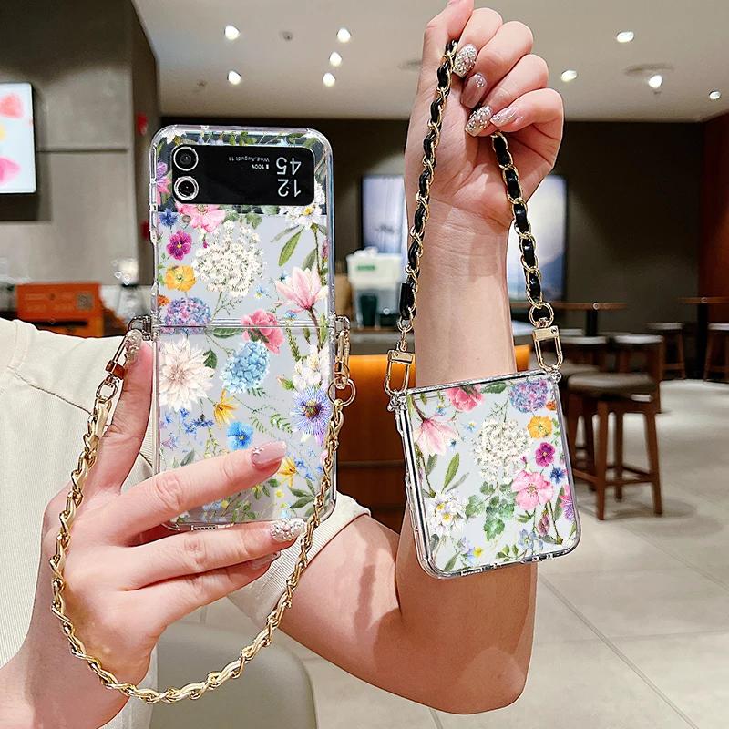 Hydrangea Print Metal Lanyard Case For Samsung Galaxy Z Flip6 Flip5 Flip4 Flip3 Flip 6 5 4 3 Shockproof Clear Soft Phone Cover_voghion.com
