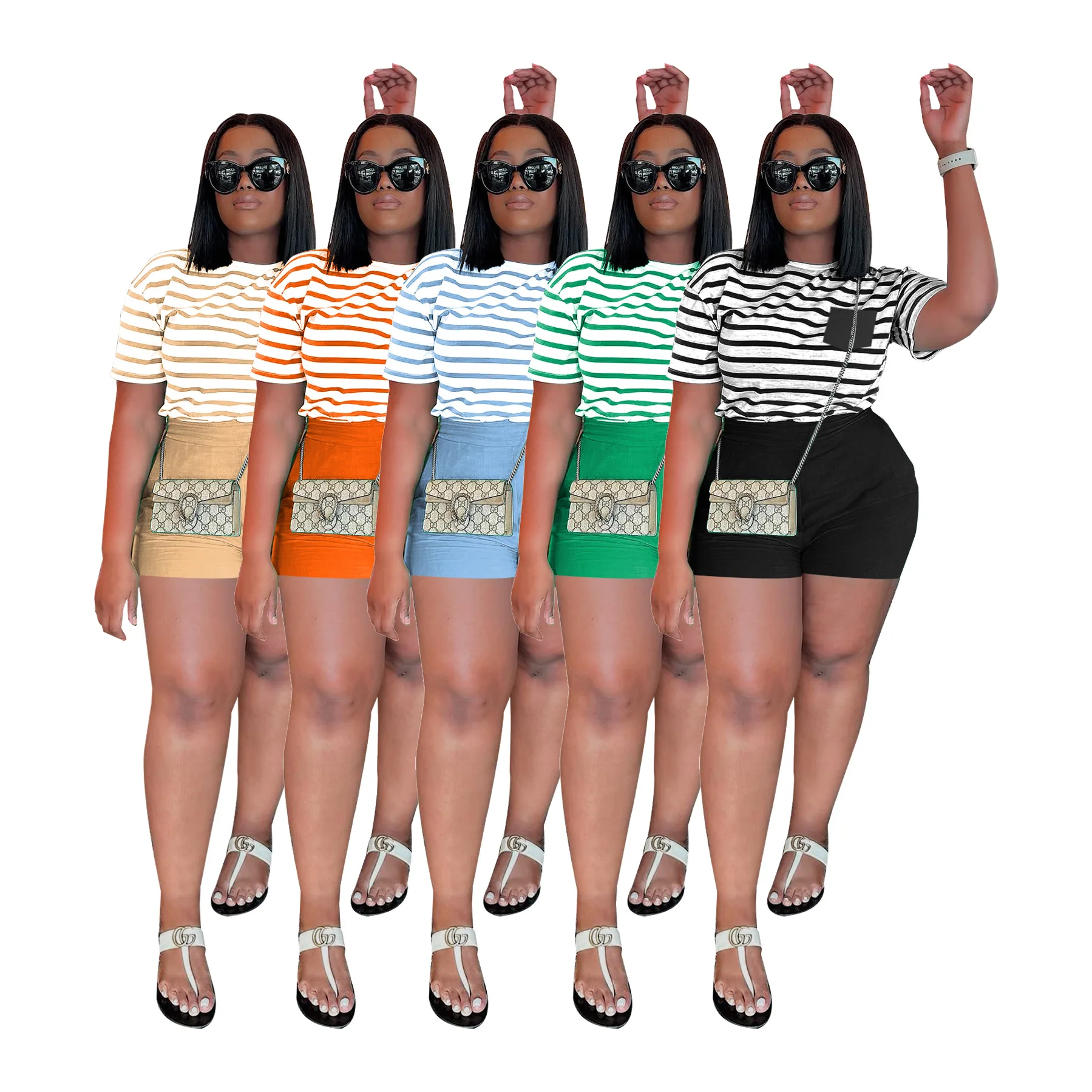 

Casual Summer Striped T-shirts Women Two Piece Sets Clothing Loose Tracksuits Streetwear Outfits Shorts Pants Workout Activewear