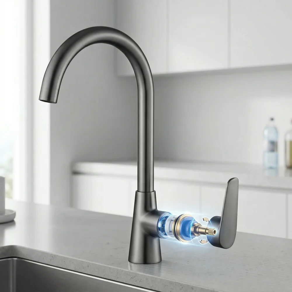 Gebürsteter Messing-Küchenhahn mit hohem Brausebogen, Einhandmischer mit langlebigem Keramikventil für mühelose Wasserregulierung in modernen Küchen – Detail 3