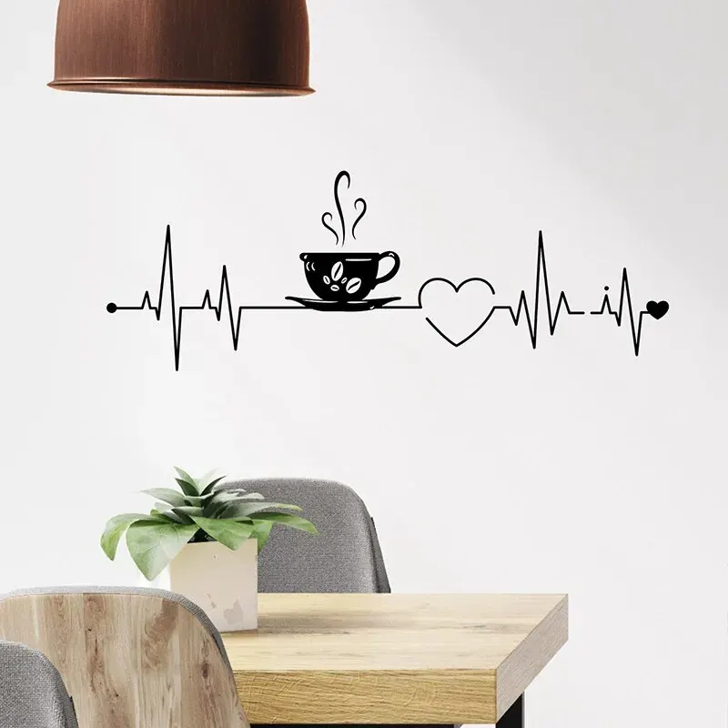 1pc Coffee Love Electrocardiogram Removable Waterproof Vinyl Wall Sticker Kitchen Living Room Coffee Shop Wall