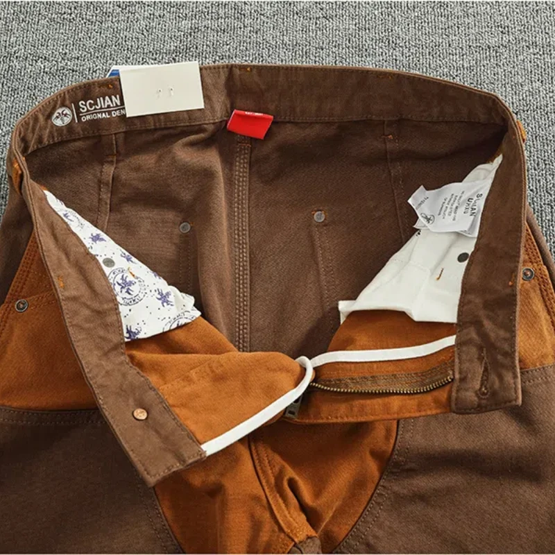 Men Autumn Winter Heavy Vintage Overalls Bead Canvas Grain Color Patchwork Logging Motorcycle Casual Pants
